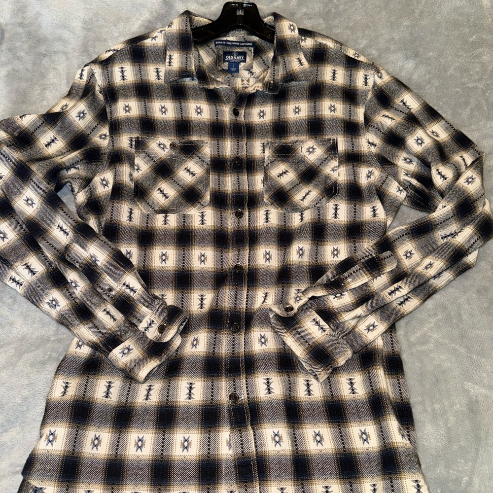 Old Navy Blue and Tan Plaid Shirt
